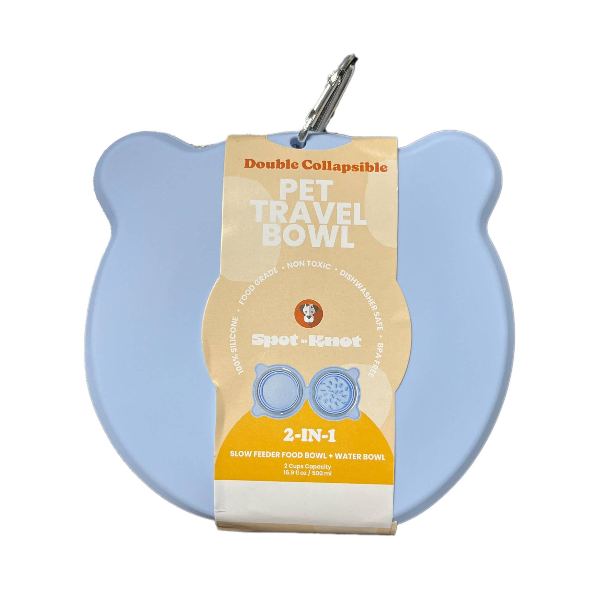 Blue pet travel bowl with packaging on a white background.