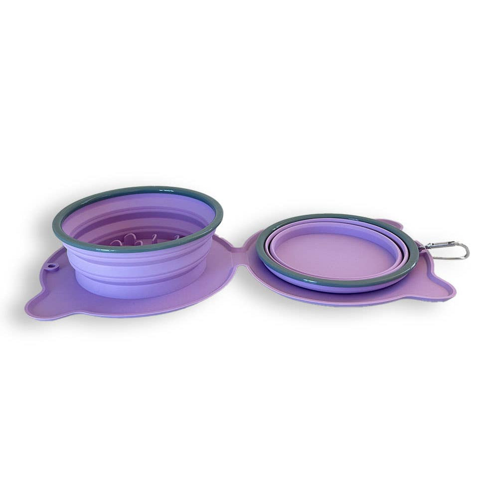 Collapsible purple pet bowl and slow feeder on a white background.