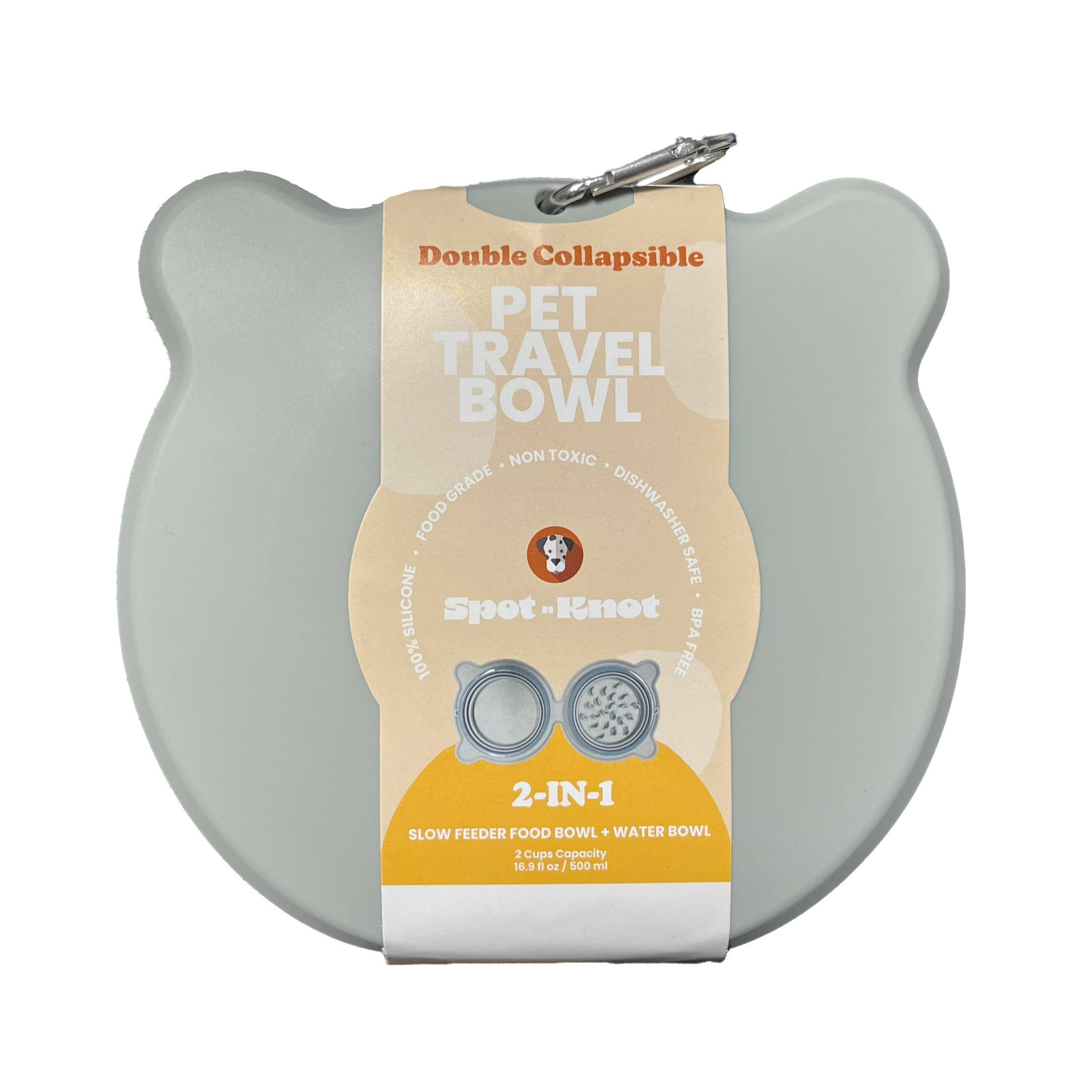 Gray pet travel bowl with packaging on a white background.