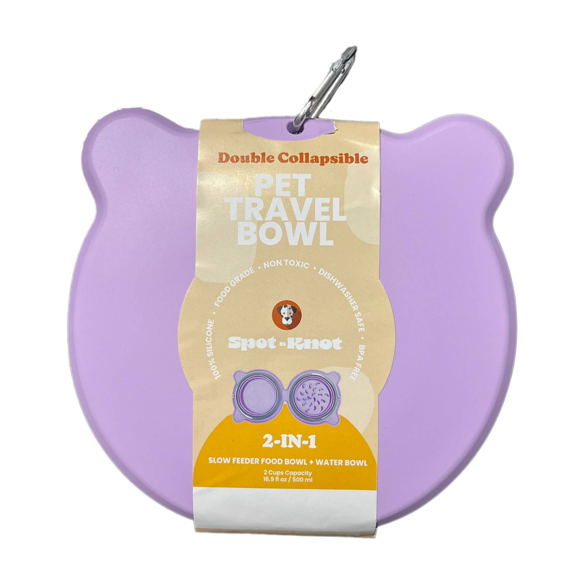 Lilac purple, silicone, pet travel bowl with a label on a white background.