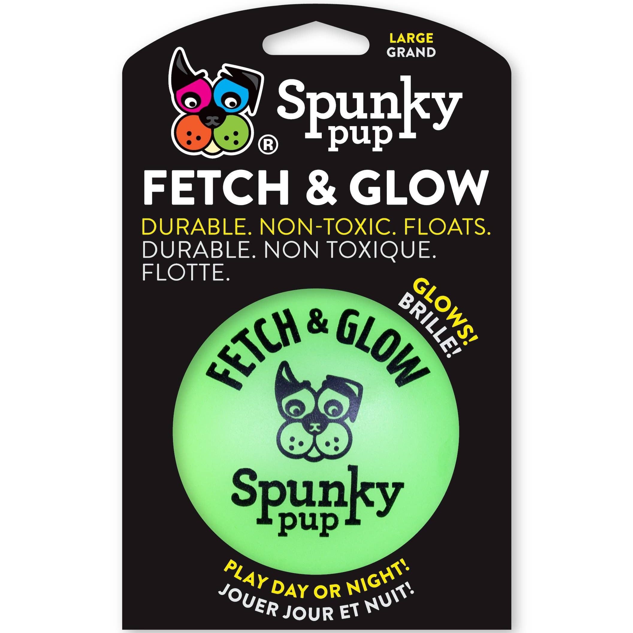 Spunky pup green Fetch & Glow Ball product packaging on a white background.