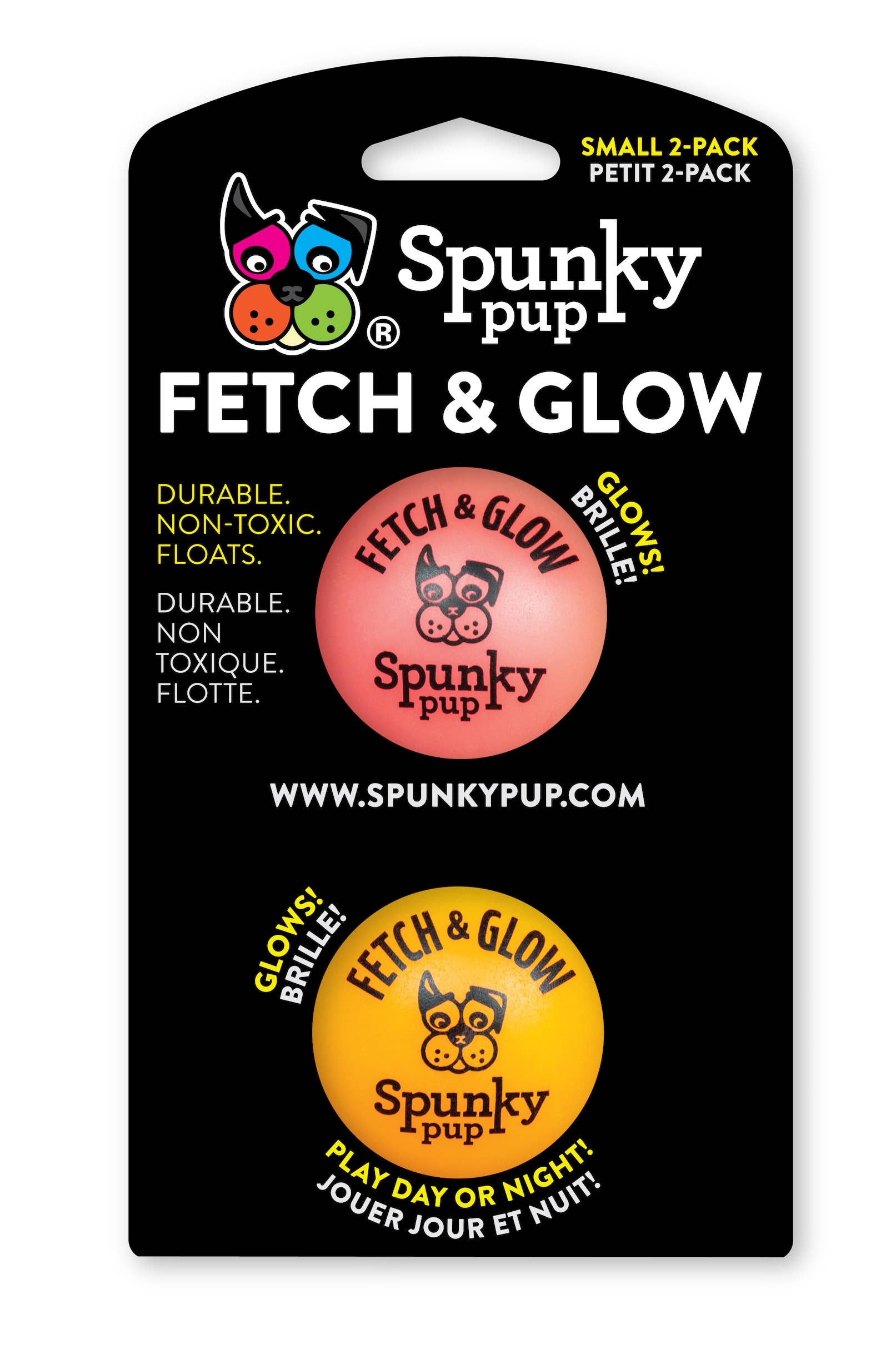 Spunky Pup Fetch & Glow product packaging with pink ball and yellow label on black background