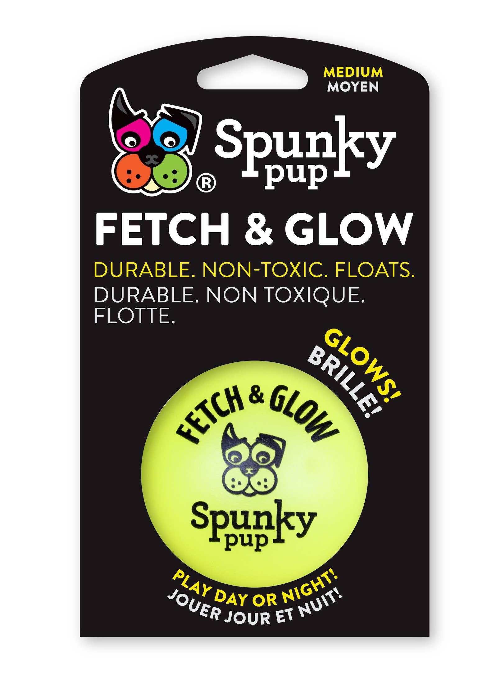 Spunky pup Fetch & Glow product packaging on a white background