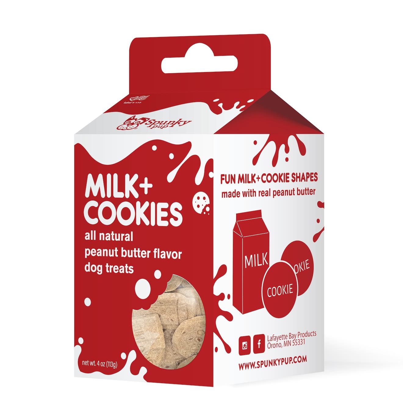 Red and white milk carton packaging of Milk + Cookies dog treats with a visible brand logo.