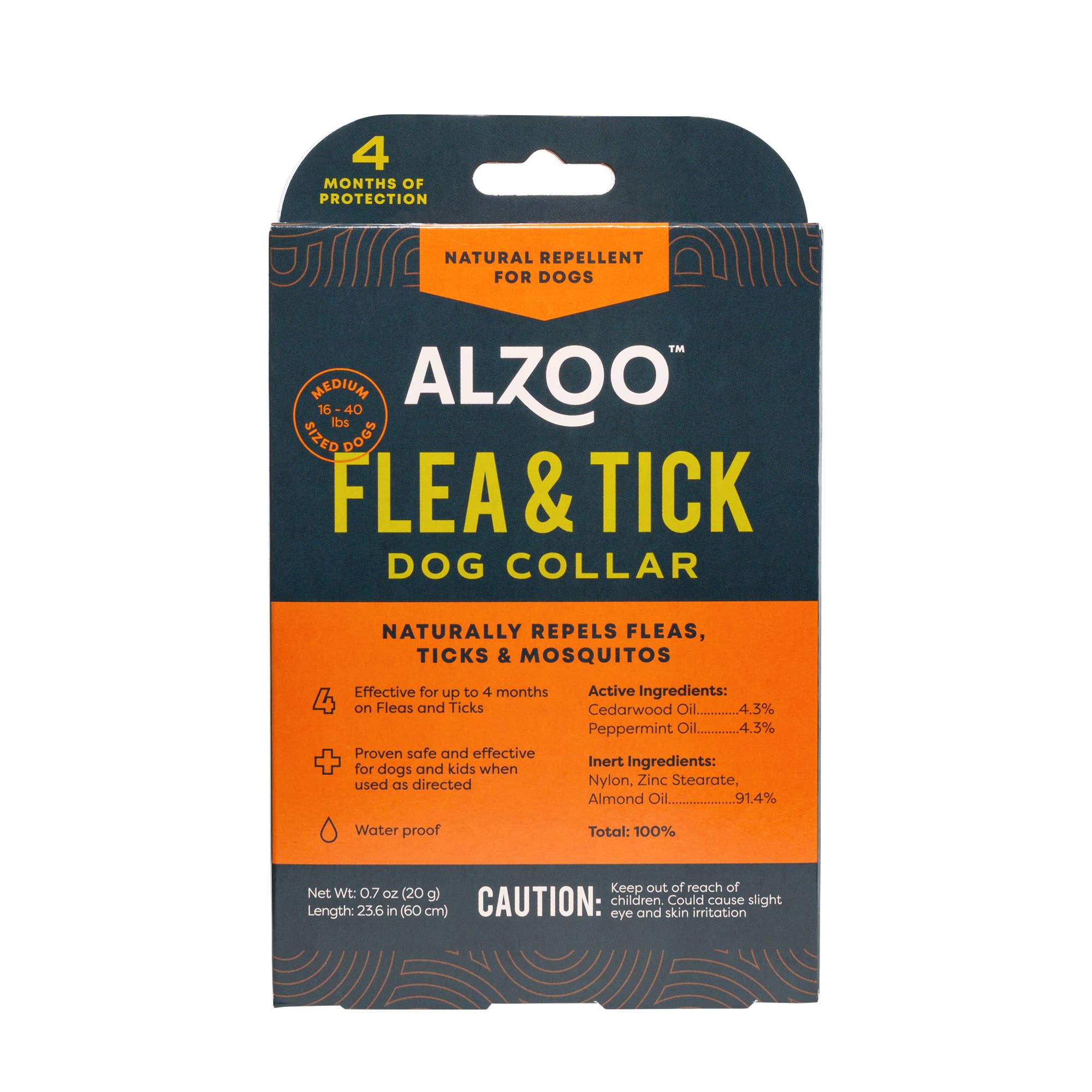 The orange and green box of Alzoo's natural flea and tick collar in size medium.