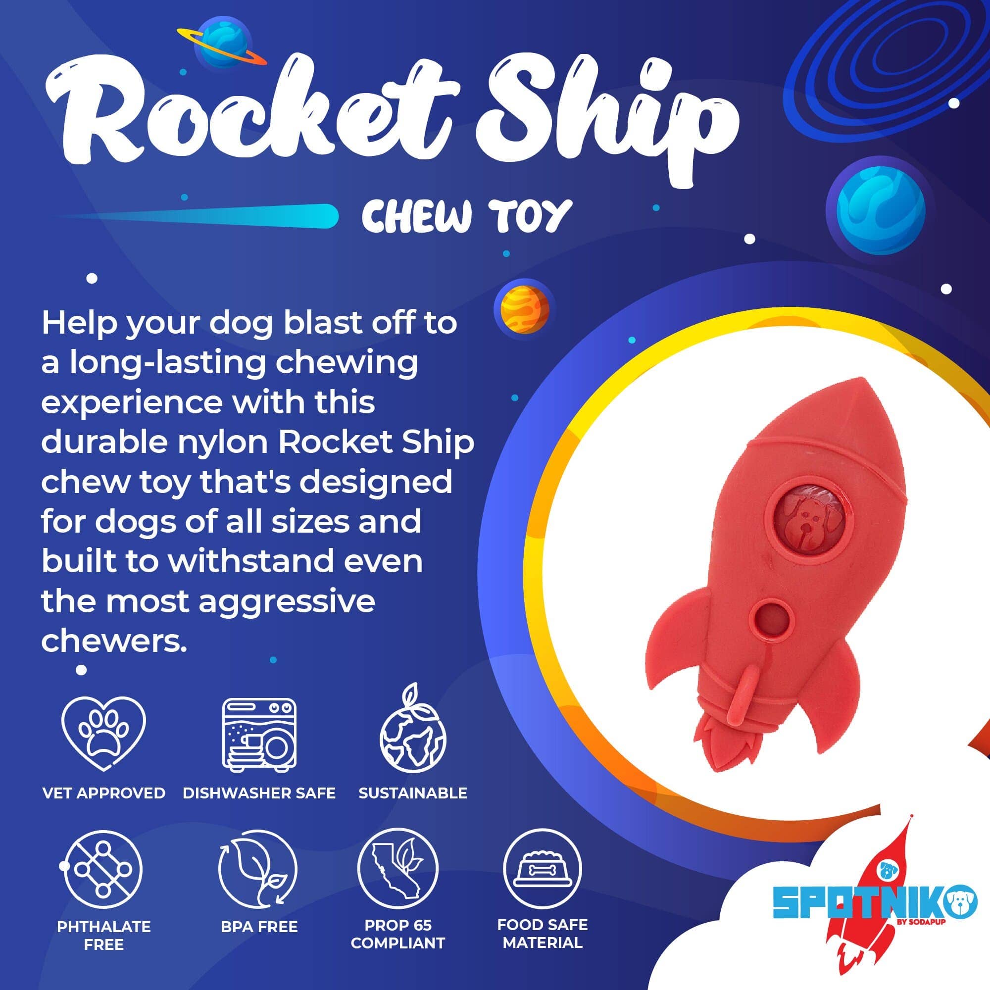 SodaPup - Spotnik Durable Nylon Rocket Ship Chew Toy - Red