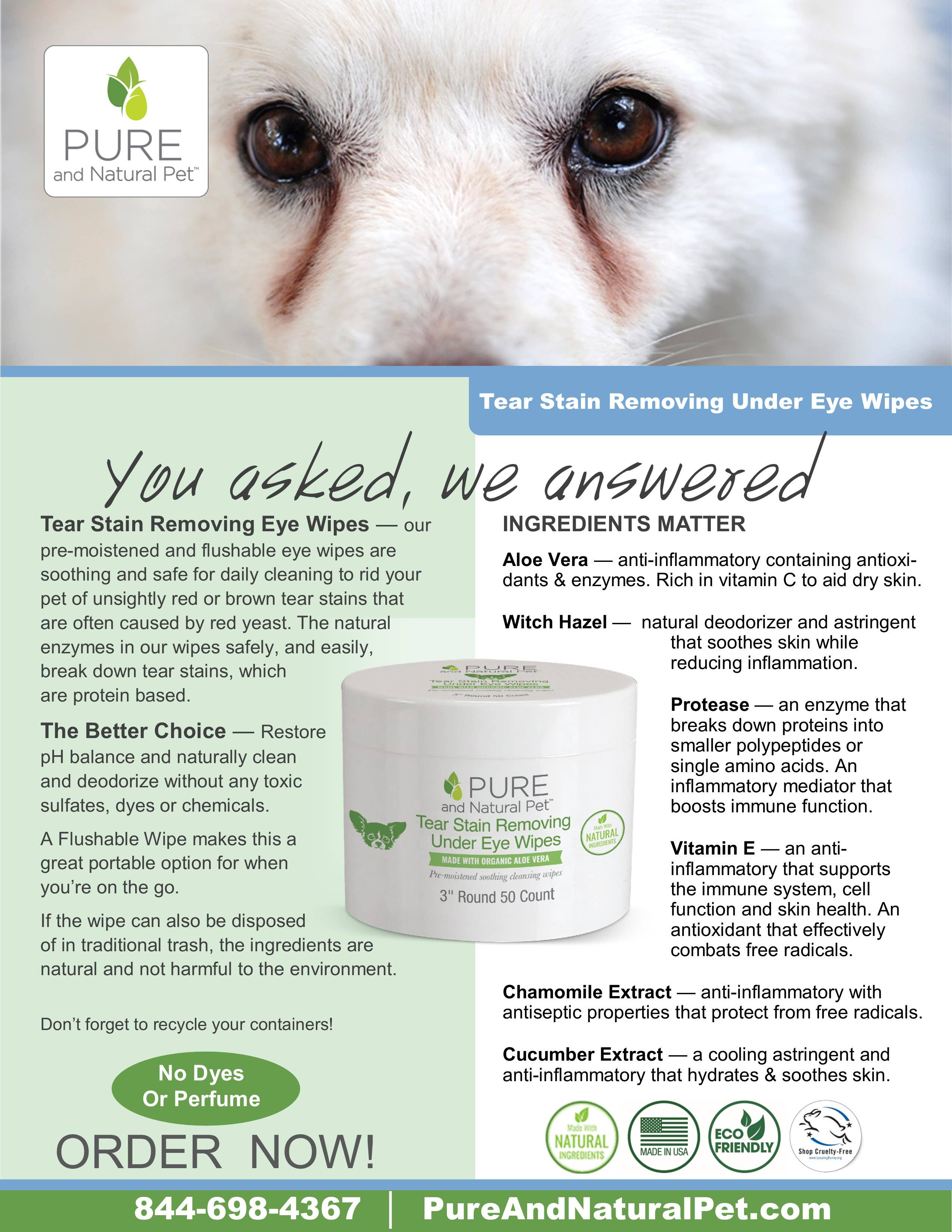 Pure and Natural Pet - Tear Stain Removing Under Eye Wipes for Dogs