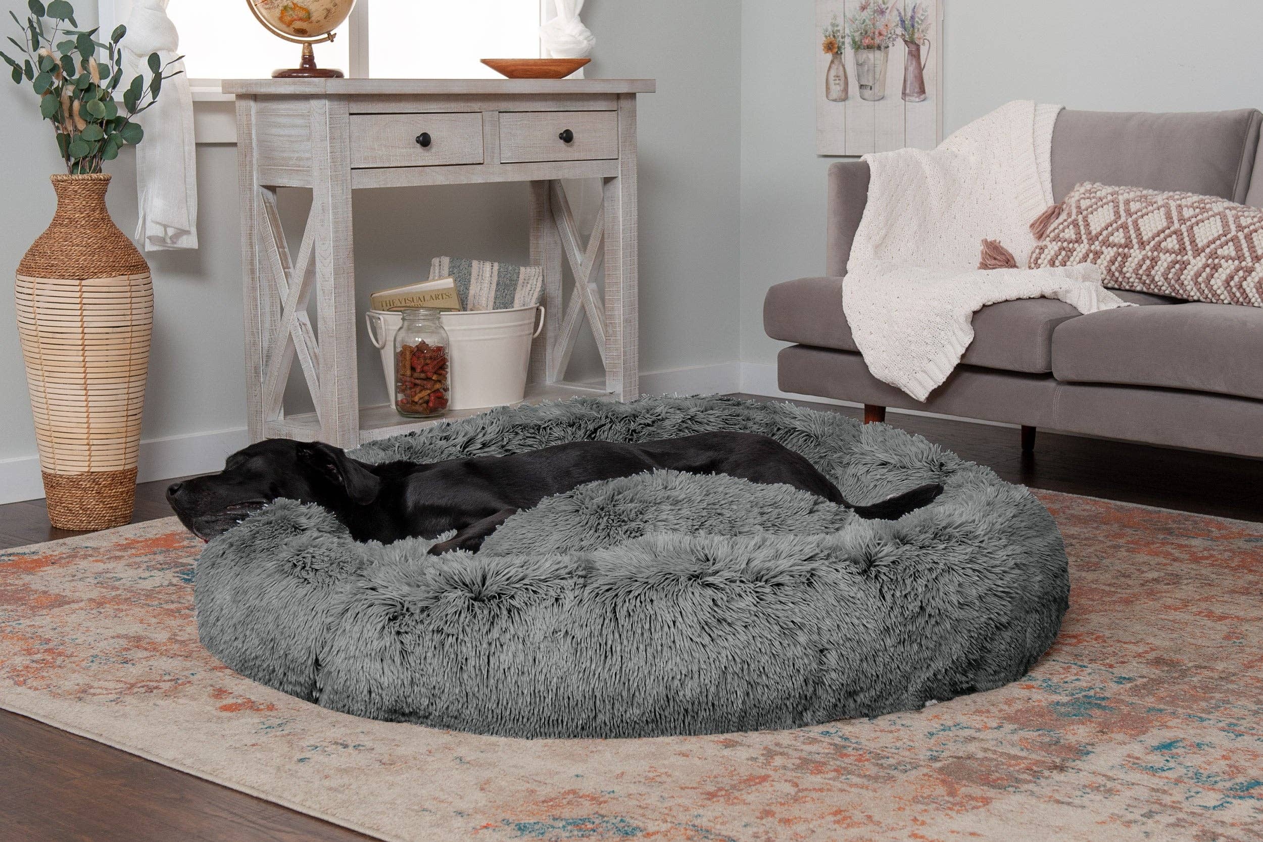 Calming Cuddler Long Fur Donut Dog Bed: Gray