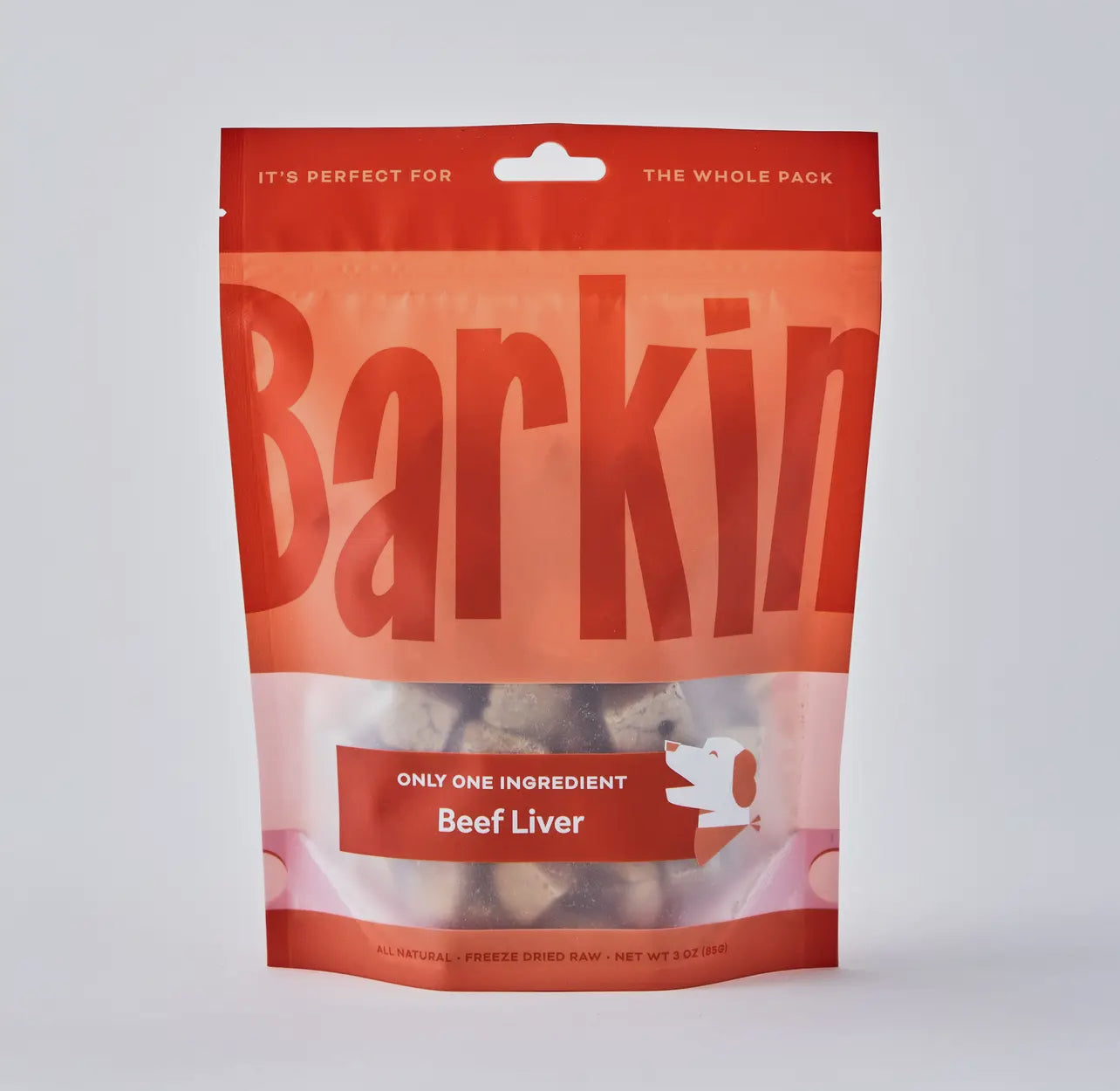 Orange pouch of Barkin' beef liver dog treats on white background.