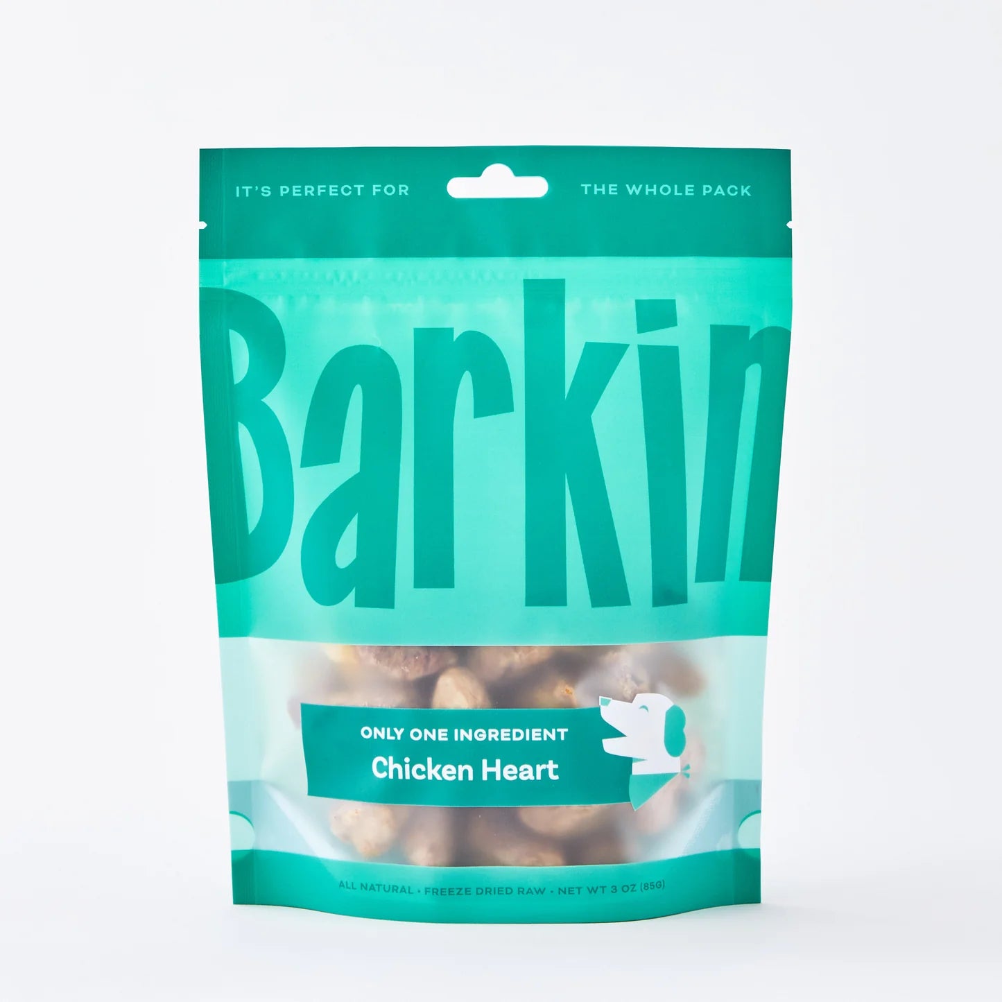 Green pouch of Barkin' chicken heart dog treats.