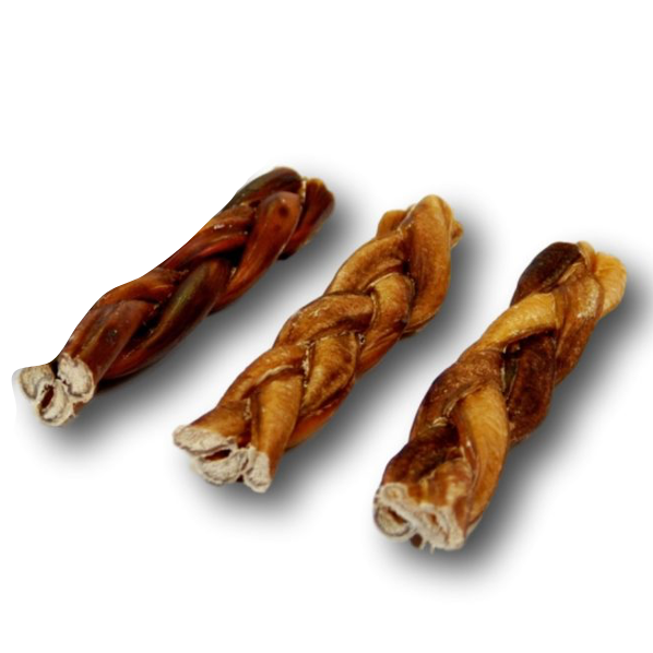 Three braided bully stik dog chews on a whit background.