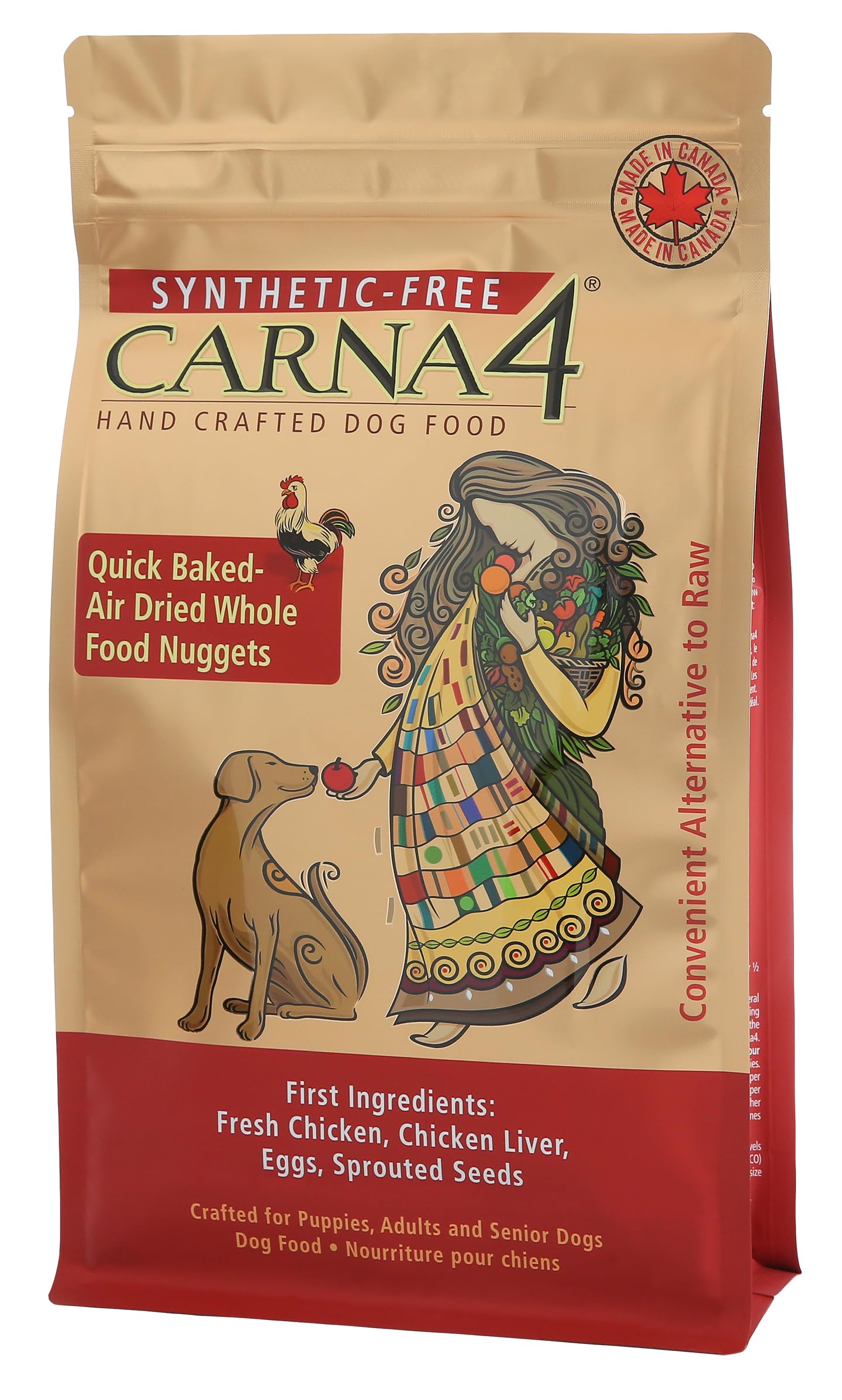 A red and gold bag of Carna4's dry dog food made with fresh chicken meat.