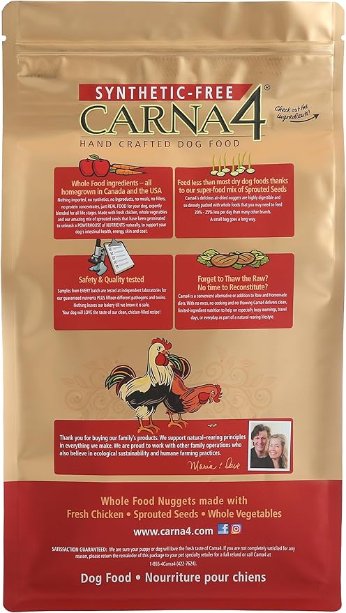 Back of a bag of Carna4 dry dog food containing information on the product.