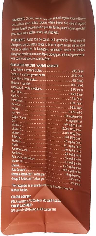 Side panel of a gold bag of Carna4's dry dog food showing ingredients and nutrient content.