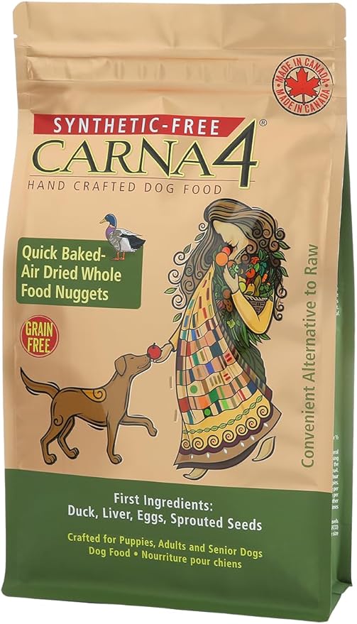 A green and gold bag of Carna4's dry dog food made with fresh duck meat.