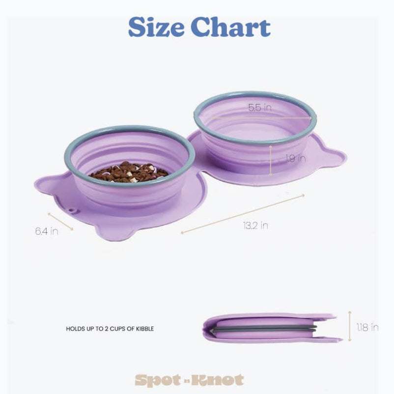 Collapsible purple pet bowls with measurements and capacity details on a white background.