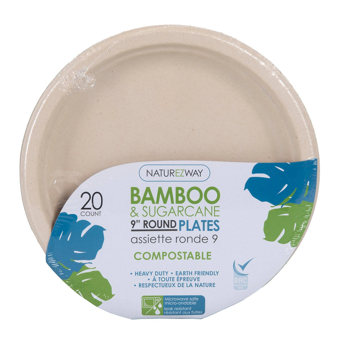 NatureZway - 20 PACK, 9" Bamboo & Sugarcane Compostable Round Plates