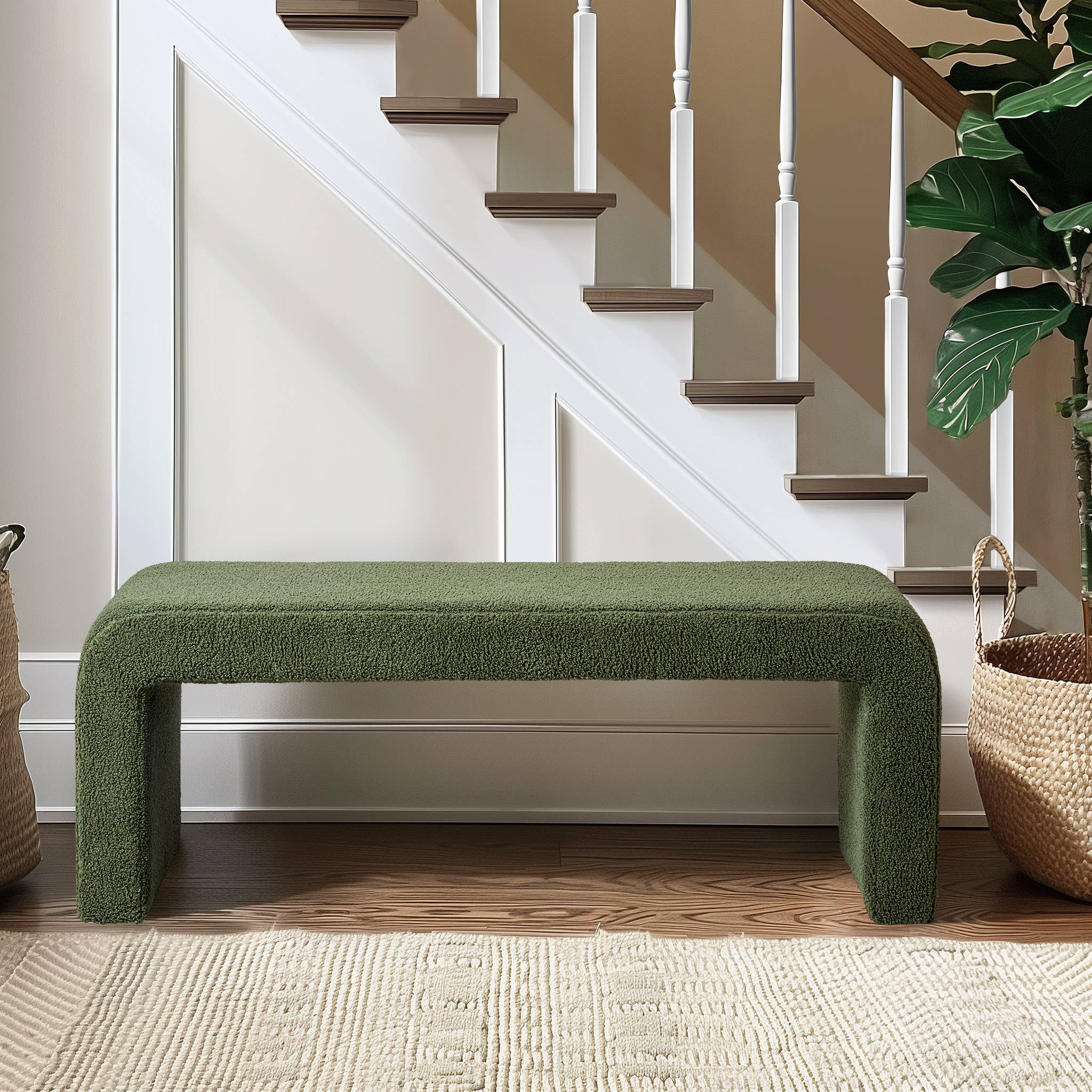 Olliix - 52"W Modern Boucle Waterfall Bench, Green *