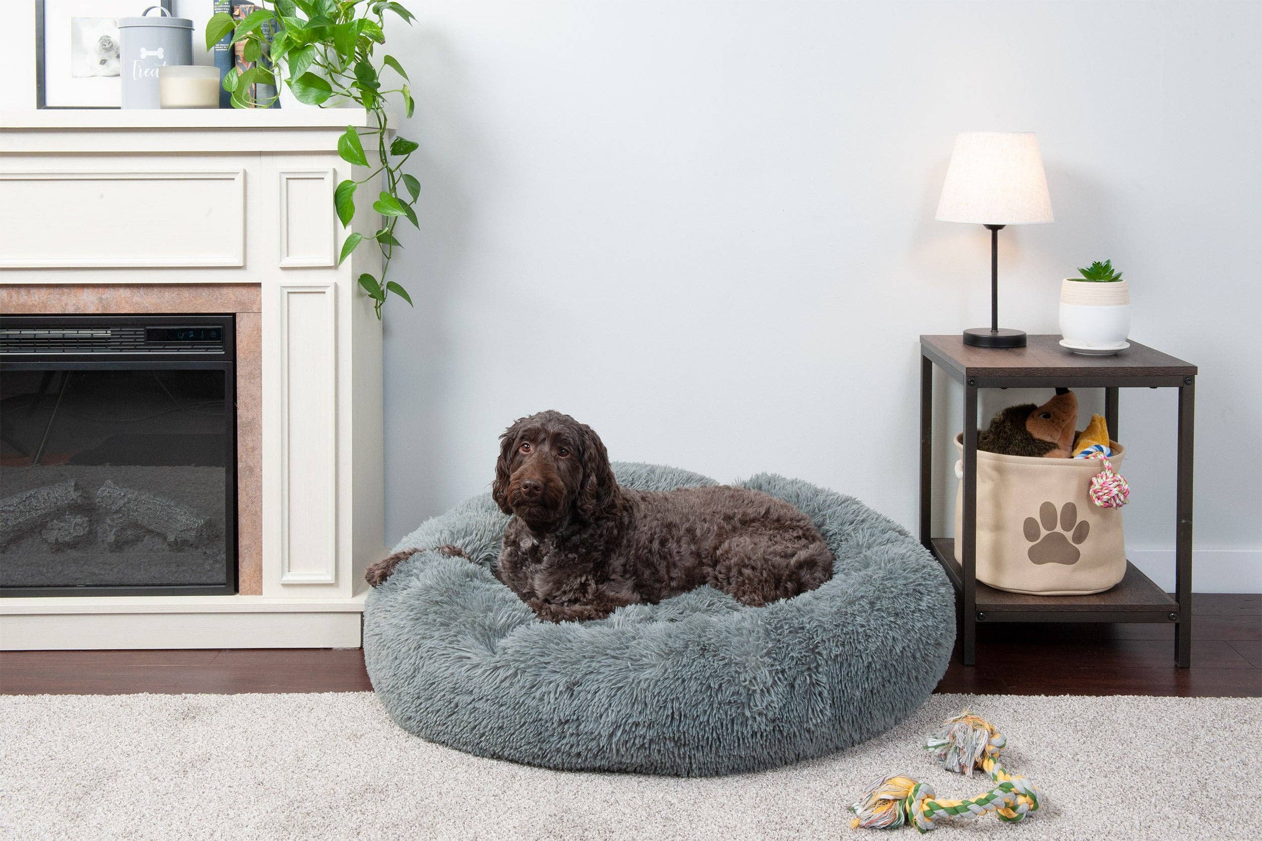 Calming Cuddler Long Fur Donut Dog Bed: Gray