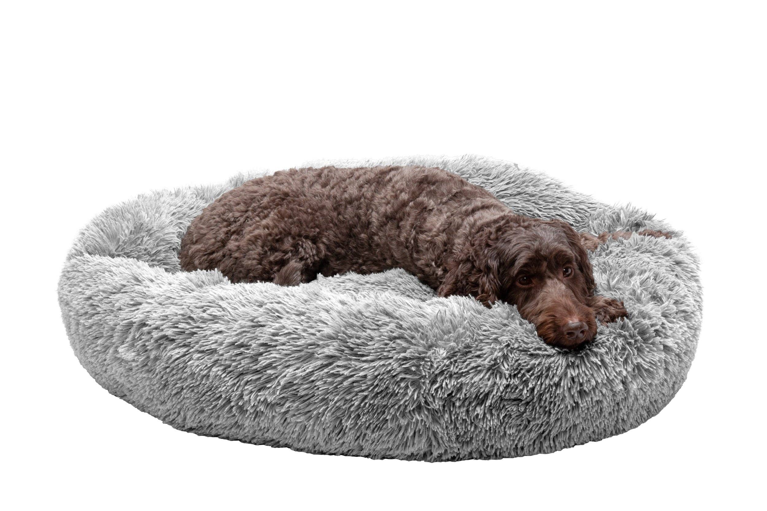 Calming Cuddler Long Fur Donut Dog Bed: Gray