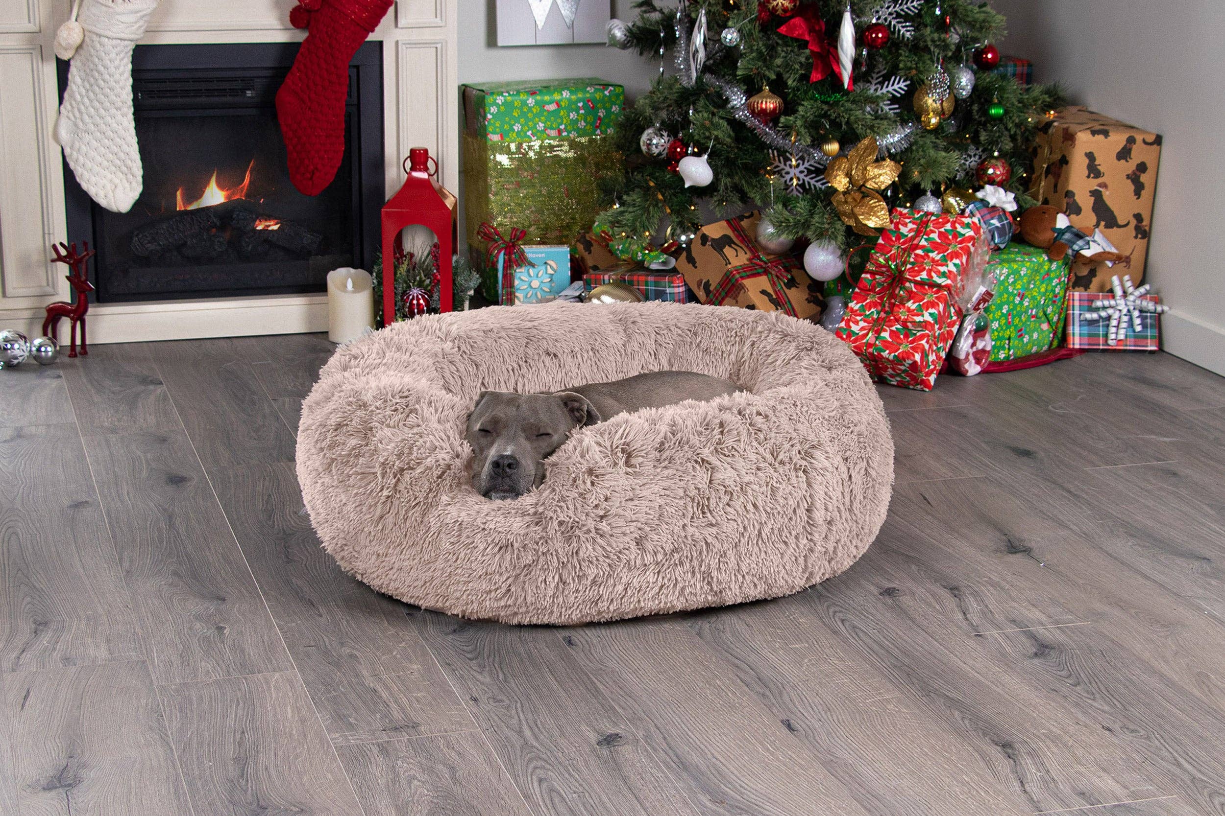 Calming Cuddler Long Fur Donut Dog Bed: Gray