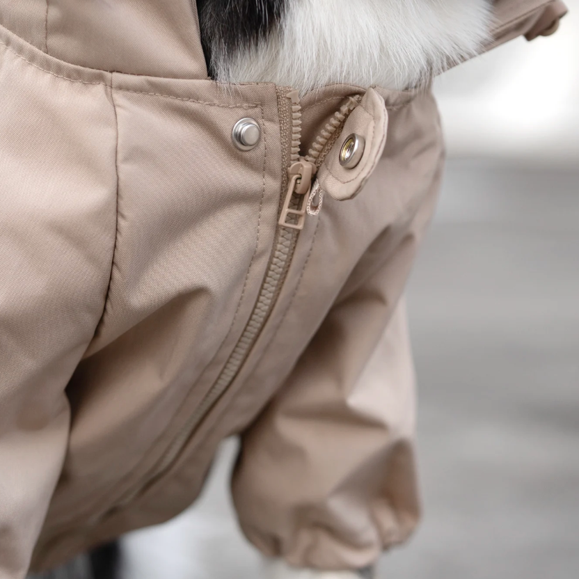 Close-up of a beige dog raincoat front with zipper on a blurred background.