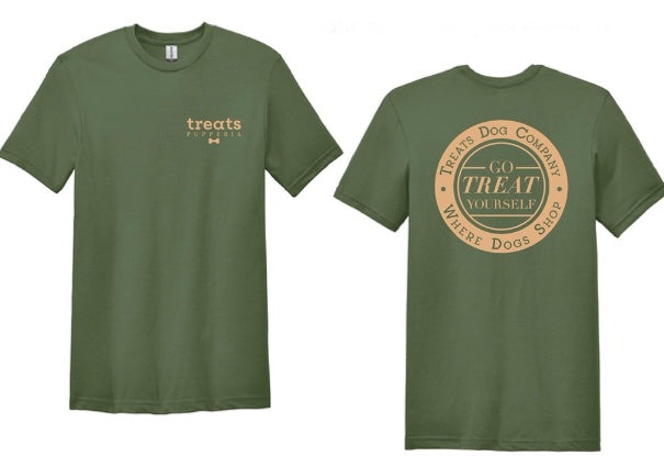 Front and back of an olive green t-shirt with Treats branding and the slogan, "Where Dogs Shop."