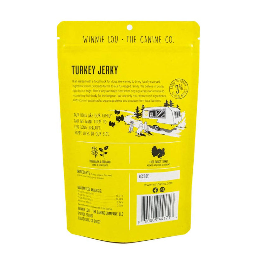 Back of yellow package of turkey jerky for dogs on a white background.