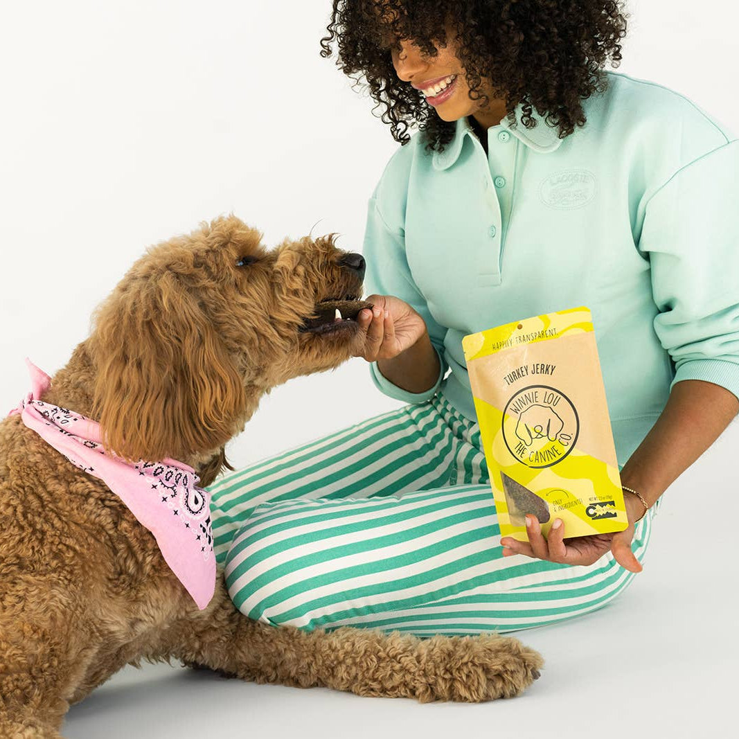Woman feeding a dog from a yellow bag with a brand logo on a white background
