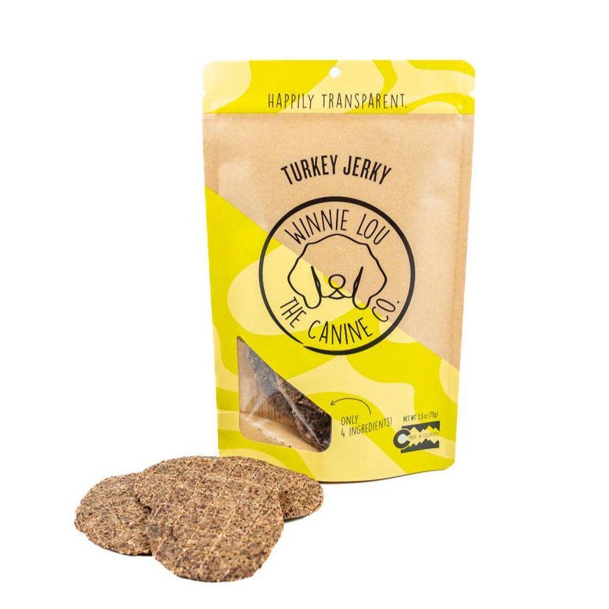 A yellow package of turkey jerky dog treats with visible brand logo on a white background.