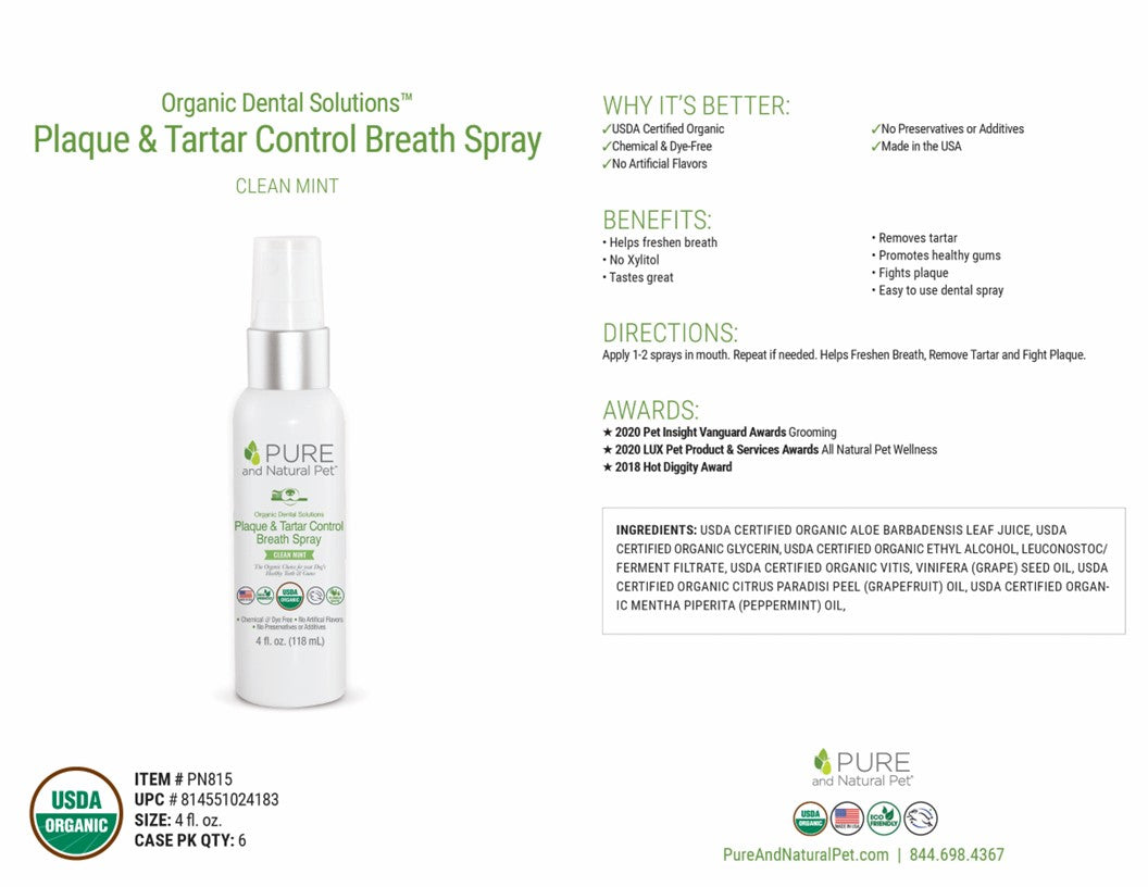 Organic Dental Solutions Plaque & Tartar Fighting Spray (Clean Mint), 4oz. Case of 6