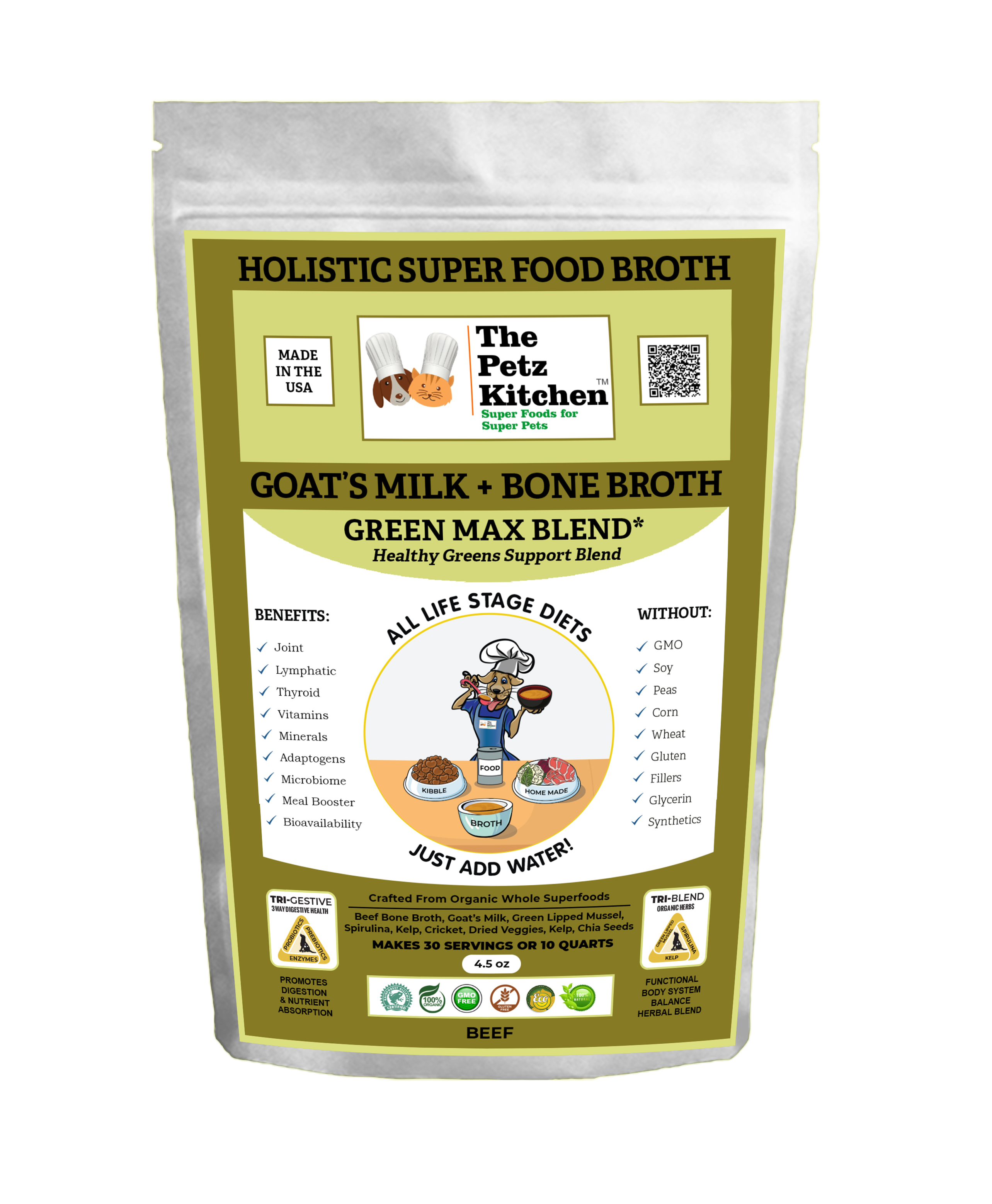 Natura Petz Organics - Goats Milk + Bone Broth Green Max Blend* Omega 3 & 6 Vitamin & Mineral Support* the Petz Kitchen Dog & Cat