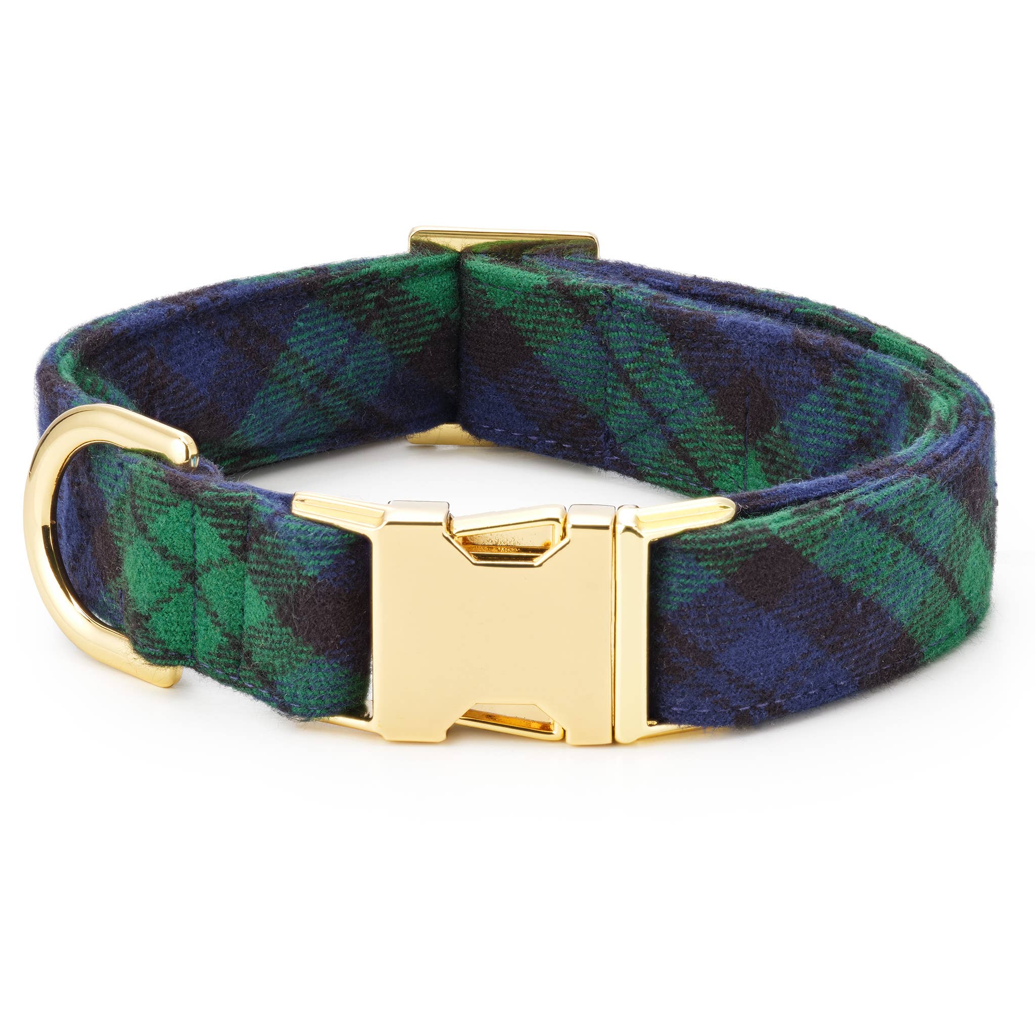 The Foggy Dog - Black Watch Plaid Flannel Holiday Dog Collar: S / Gold