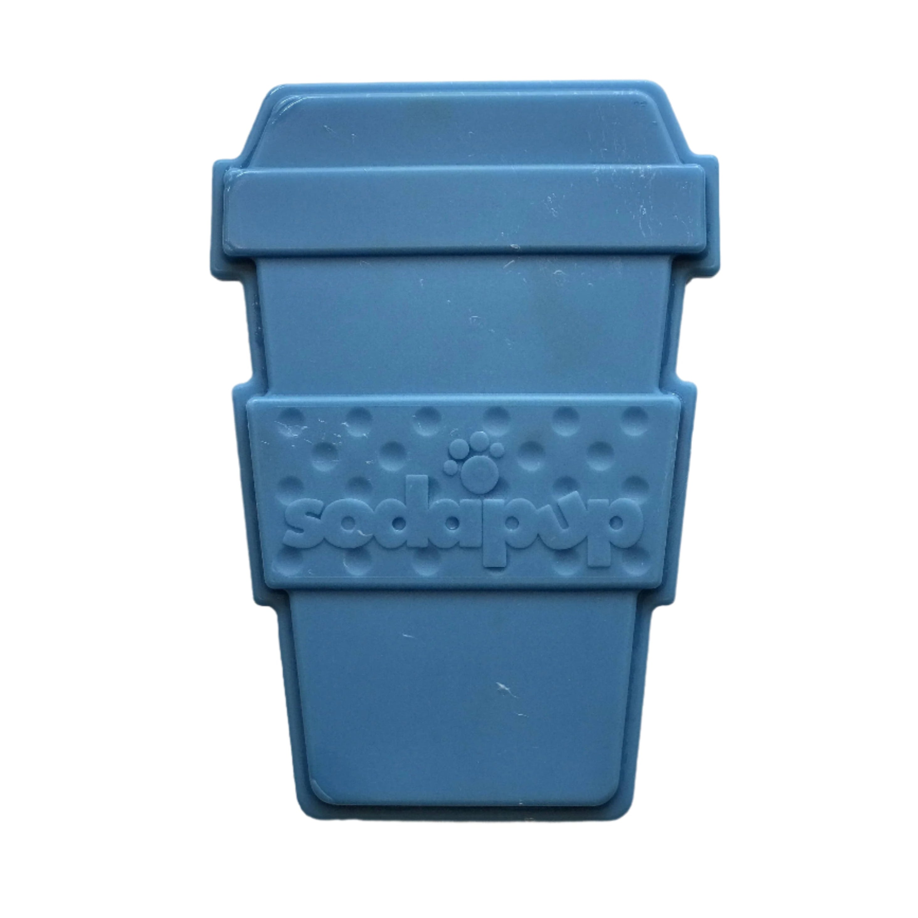 A blue, nylon, take-out-cofee-cup-shaped chew toy.