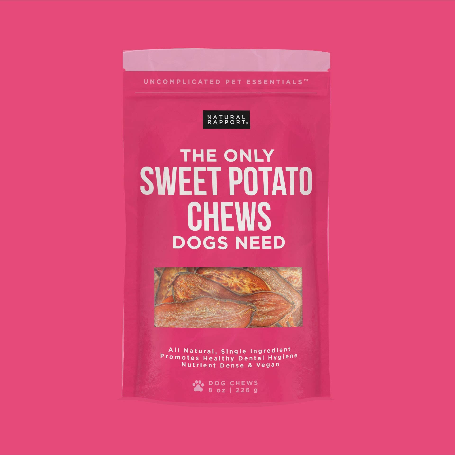 A pink pouch of Natural Rapport sweet potato chews on pink background.