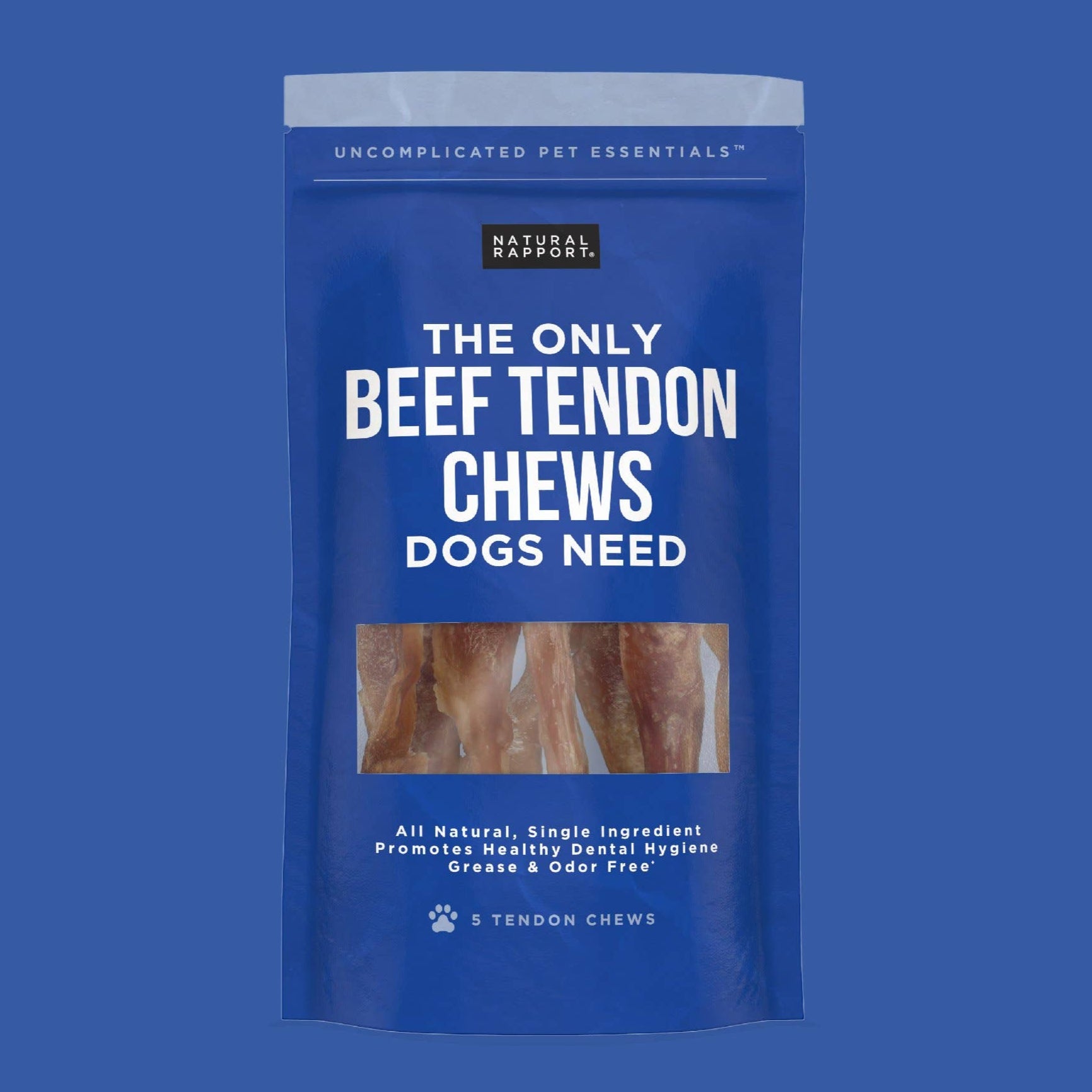 A bag of 5 beef tendon dog chews on blue background.